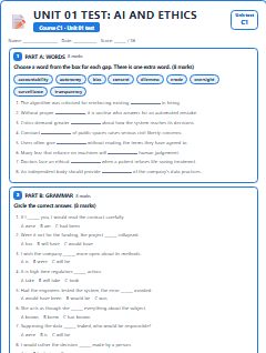 First page of Unit 01 Test: AI and Ethics, C1 assessment