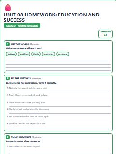 First page of Unit 08 Homework: Education and Success, C1 worksheet