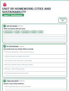First page of Unit 09 Homework: Cities and Sustainability, C1 worksheet