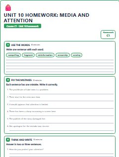 First page of Unit 10 Homework: Media and Attention, C1 worksheet