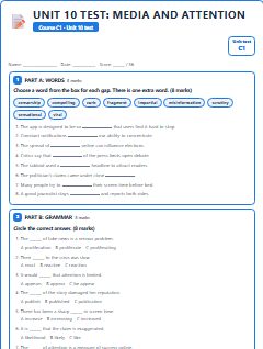 First page of Unit 10 Test: Media and Attention, C1 assessment