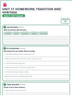 First page of Unit 11 Homework: Tradition and Heritage, C1 worksheet