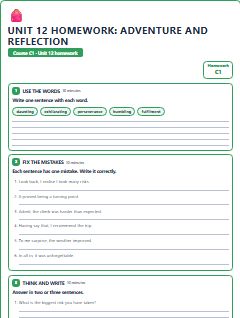 First page of Unit 12 Homework: Adventure and Reflection, C1 worksheet