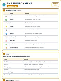 First page of The Environment: B1 Vocabulary, B1 vocabulary list