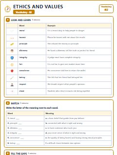 First page of Ethics and Values: B2 Vocabulary, B2 vocabulary list
