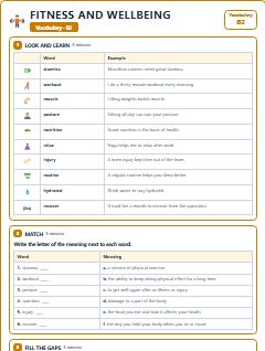 First page of Fitness and Wellbeing: B2 Vocabulary, B2 vocabulary list