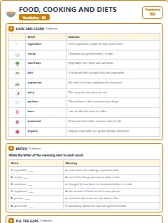 First page of Food, Cooking and Diets: B2 Vocabulary, B2 vocabulary list