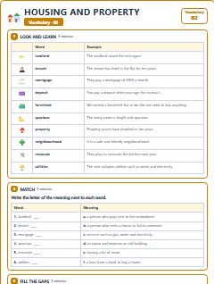 First page of Housing and Property: B2 Vocabulary, B2 vocabulary list