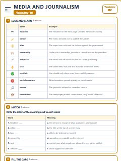 First page of Media and Journalism: B2 Vocabulary, B2 vocabulary list