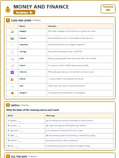 First page of Money and Finance: B2 Vocabulary, B2 vocabulary list