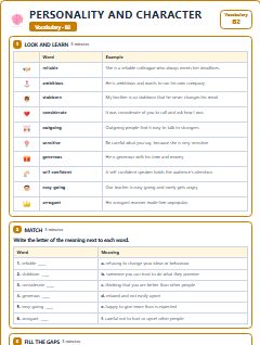 First page of Personality and Character: B2 Vocabulary, B2 vocabulary list