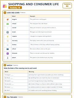 First page of Shopping and Consumer Life: B2 Vocabulary, B2 vocabulary list
