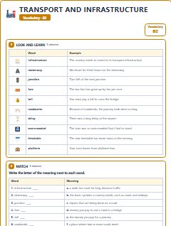 First page of Transport and Infrastructure: B2 Vocabulary, B2 vocabulary list