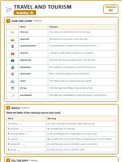 First page of Travel and Tourism: B2 Vocabulary, B2 vocabulary list