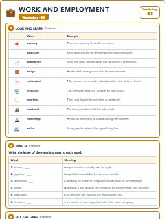 First page of Work and Employment: B2 Vocabulary, B2 vocabulary list