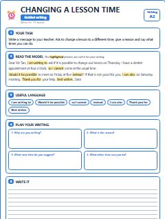 First page of Changing a Lesson Time, A2 writing task