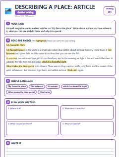 First page of Describing a Place: Article, B1 writing task