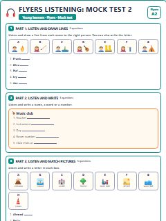 First page of Flyers Listening: Mock Test 2, A2 exam practice