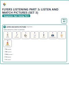 First page of Flyers Listening Part 3: Listen and Match Pictures (Set 3), A2 exam practice