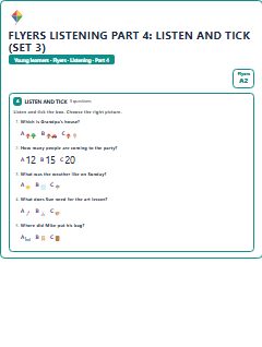 First page of Flyers Listening Part 4: Listen and Tick (Set 3), A2 exam practice