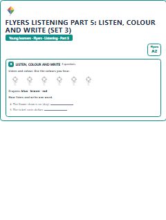 First page of Flyers Listening Part 5: Listen, Colour and Write (Set 3), A2 exam practice