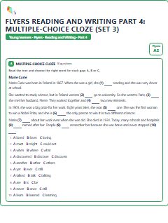 First page of Flyers Reading and Writing Part 4: Multiple-choice Cloze (Set 3), A2 exam practice