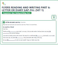 First page of Flyers Reading and Writing Part 6: Letter or Diary Gap-fill (Set 1), A2 exam practice