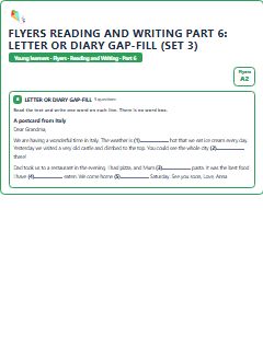 First page of Flyers Reading and Writing Part 6: Letter or Diary Gap-fill (Set 3), A2 exam practice