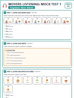 First page of Movers Listening: Mock Test 1, A1 exam practice