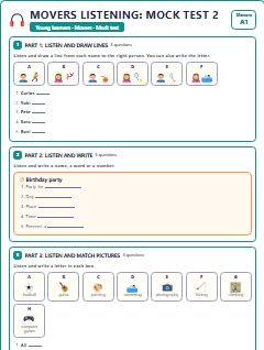 First page of Movers Listening: Mock Test 2, A1 exam practice