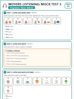 First page of Movers Listening: Mock Test 3, A1 exam practice