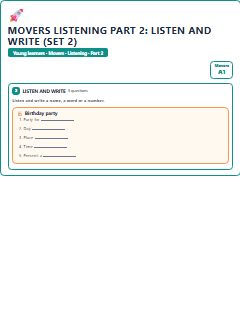 First page of Movers Listening Part 2: Listen and Write (Set 2), A1 exam practice