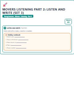 First page of Movers Listening Part 2: Listen and Write (Set 3), A1 exam practice