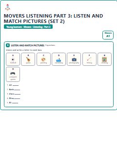 First page of Movers Listening Part 3: Listen and Match Pictures (Set 2), A1 exam practice