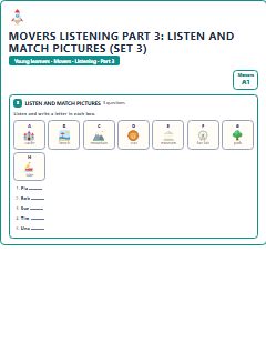 First page of Movers Listening Part 3: Listen and Match Pictures (Set 3), A1 exam practice