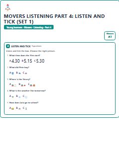 First page of Movers Listening Part 4: Listen and Tick (Set 1), A1 exam practice