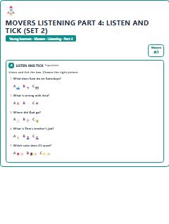 First page of Movers Listening Part 4: Listen and Tick (Set 2), A1 exam practice