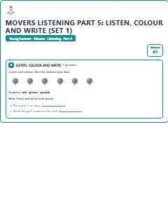 First page of Movers Listening Part 5: Listen, Colour and Write (Set 1), A1 exam practice