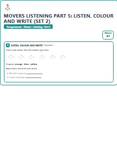 First page of Movers Listening Part 5: Listen, Colour and Write (Set 2), A1 exam practice