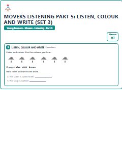 First page of Movers Listening Part 5: Listen, Colour and Write (Set 3), A1 exam practice