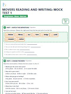 First page of Movers Reading and Writing: Mock Test 1, A1 exam practice