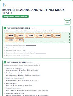 First page of Movers Reading and Writing: Mock Test 2, A1 exam practice