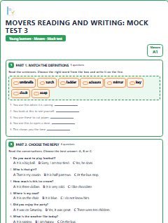 First page of Movers Reading and Writing: Mock Test 3, A1 exam practice