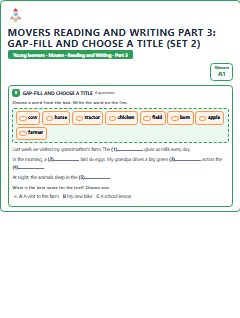 First page of Movers Reading and Writing Part 3: Gap-fill and Choose a Title (Set 2), A1 exam practice