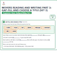 First page of Movers Reading and Writing Part 3: Gap-fill and Choose a Title (Set 3), A1 exam practice