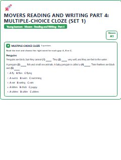 First page of Movers Reading and Writing Part 4: Multiple-choice Cloze (Set 1), A1 exam practice