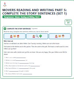 First page of Movers Reading and Writing Part 5: Complete the Story Sentences (Set 1), A1 exam practice