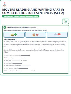 First page of Movers Reading and Writing Part 5: Complete the Story Sentences (Set 2), A1 exam practice