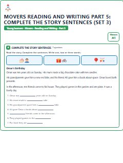 First page of Movers Reading and Writing Part 5: Complete the Story Sentences (Set 3), A1 exam practice