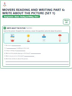 First page of Movers Reading and Writing Part 6: Write about the Picture (Set 1), A1 exam practice